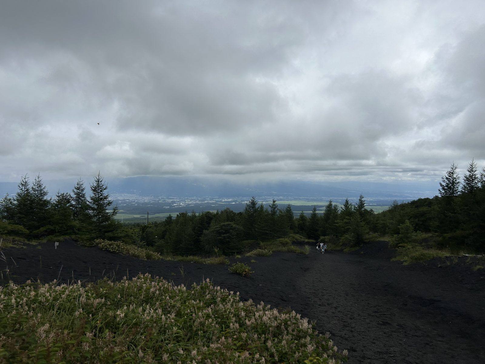 道中に立ち寄った富士山麓の展望スポット。この日の午前は厚い雲に覆われ、裾野の街を見下ろす程度の視界だった