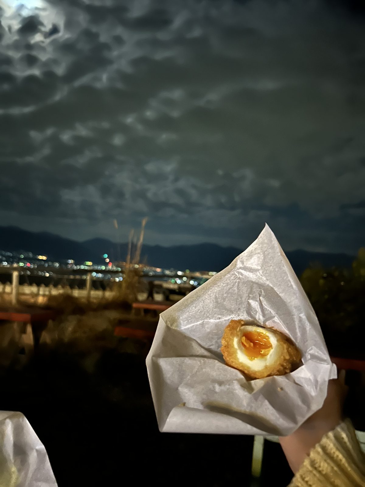 日没後のほったらかし温泉付近。甲府盆地の夜景を背景に、売店で買った軽食を手に撮った1枚。厚い雲に覆われた空だった。18時23分